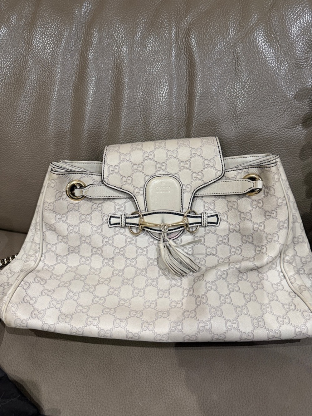 Gucci Emily Monogram GG Logo Leather Chain Large Ladies Beige Tote Shoulder Bag